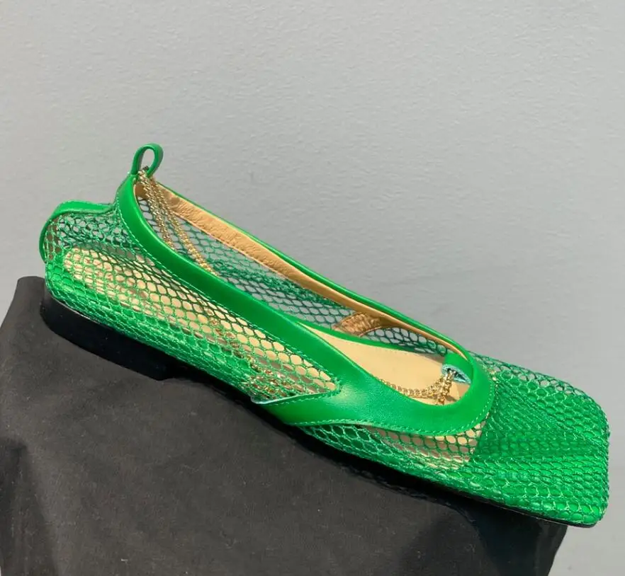 Mesh Hollow Out Women Flat Summer Sandal Shoes Gold Chain Decor Sqaured Toe Green Orange Fashion Comfortable Mules