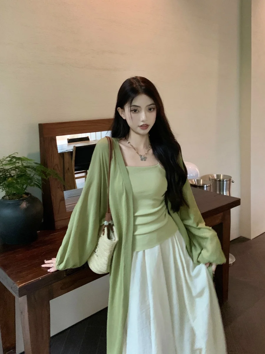 Pure Desire Long Sve Drapey Open Cardigan Women's Summer Strap Vest Elastic Waist Midi Skirt Tee Piece Set Women