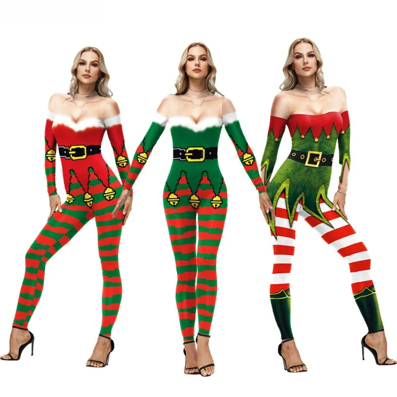 

Women Sexy Slim Jumpsuit Stripe Printed Bodysuits Women's Christmas Carnival Cosplay Costumes Halloween Party Catsuit Rompers