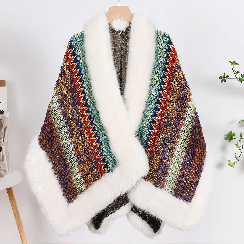 

2024 Winter Faux Cashmere Poncho Loose-fitting Streetwear Women Long Sleeve Shawl Capes with Fur Female Knitted Scarf