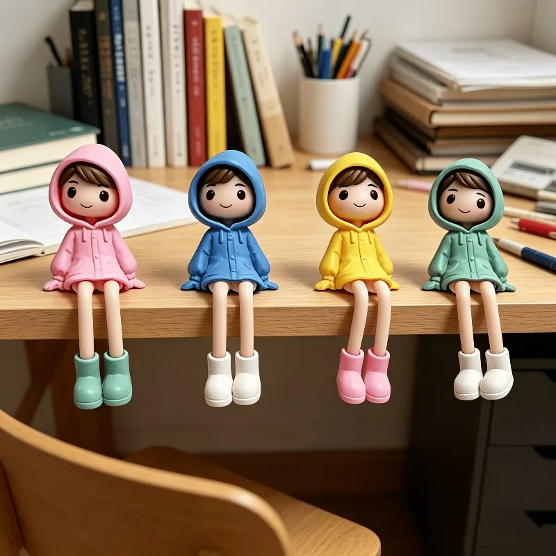 4Pcs Dopamine Color Hooded Raincoat Figurines, PVC Ornaments for Office Desk Bookshelf Car Mini Landscape, Colorful Decor Gift