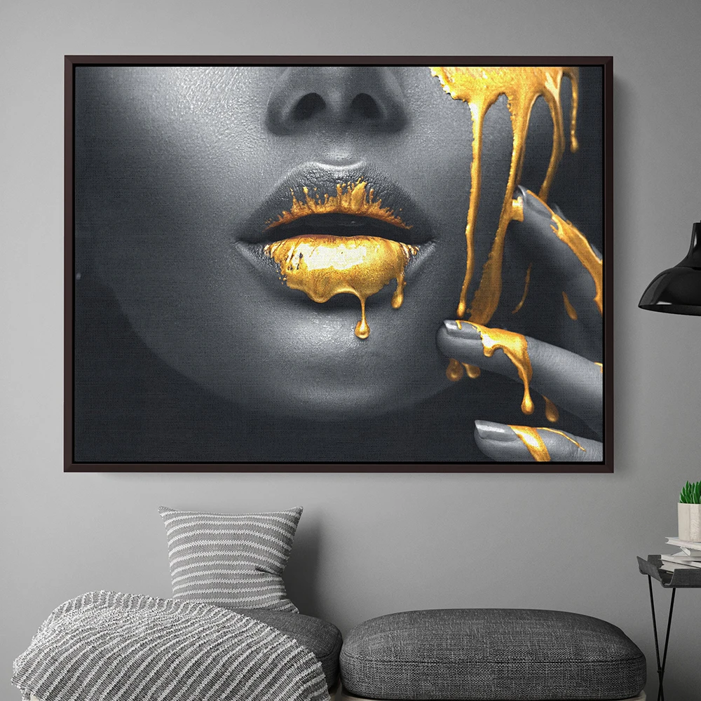 

Women Lips Gold Drip Poster Fashion Girl Artwork Canvas Painting Decoration Wall Art Picture for Living Room Interior Home Decor