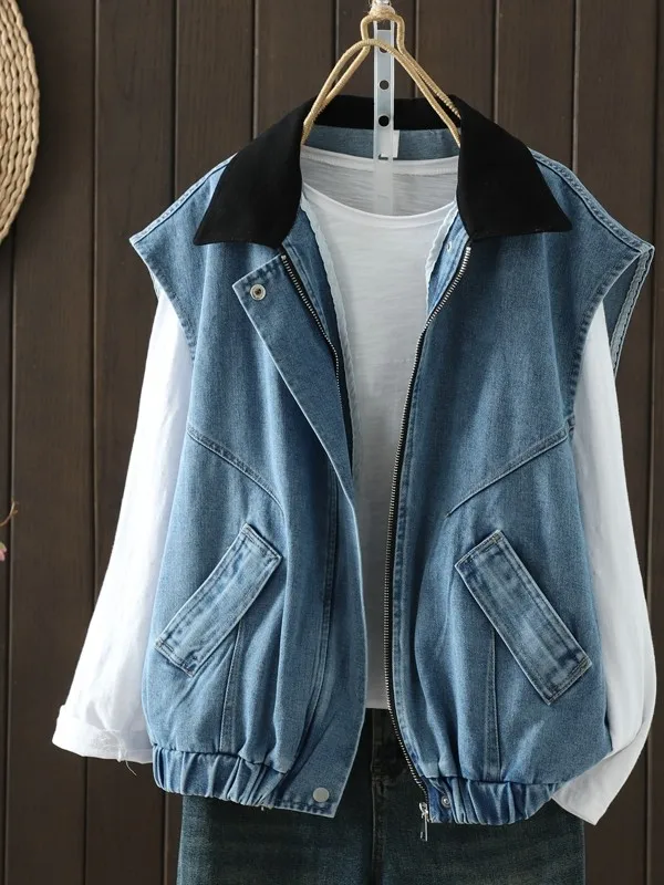 

Повседневный джинсовый жилет для женщин больших размеров, универсальный топ, многослойная одежда, художественный дизайн, весенний сезон, универсальный крой
