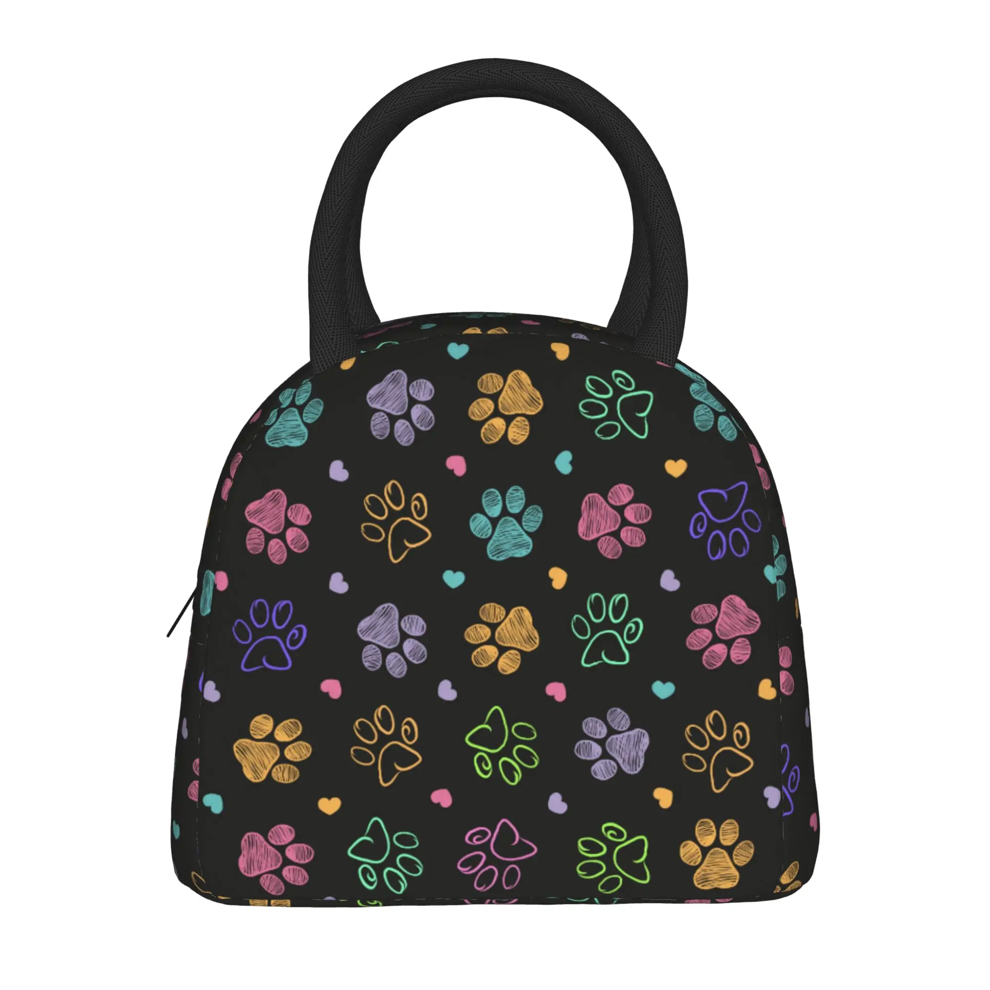 Colorful Doodle Paw Print Insulated Lunch Bags Cooler Bag Reusable,Lunch Container Dog Cat High Capacity Tote Lunch Box Food Bag