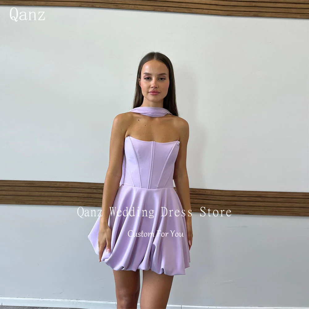 

Qanz Simple Satin Prom Dresses Lilac Short A Line Graduation Party Dress Strapless Mini Women Vestidos De Fiesta Customized