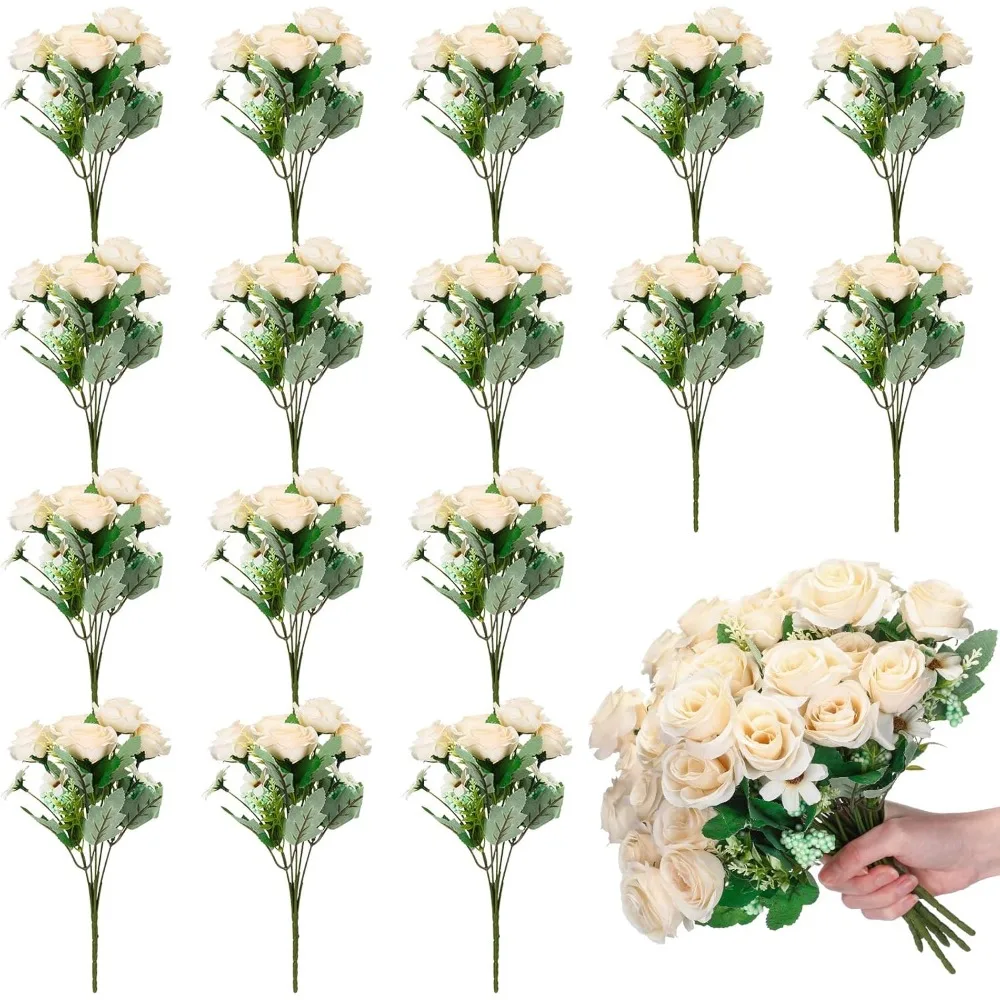 

Bulk Artificial Silk Flower Bridesmaid Bouquets Fake Roses for Wedding Bridal Party Decor Vase Floral Arrangements White