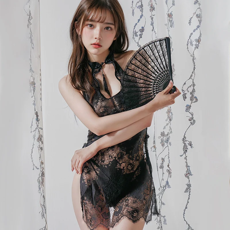 Erotic Lingerie Sexy Straps Cheongsam Uniform Temptation Pajamas Cosplay Lace Dress Women Chemise Sleepwear Set Chinese Qipao