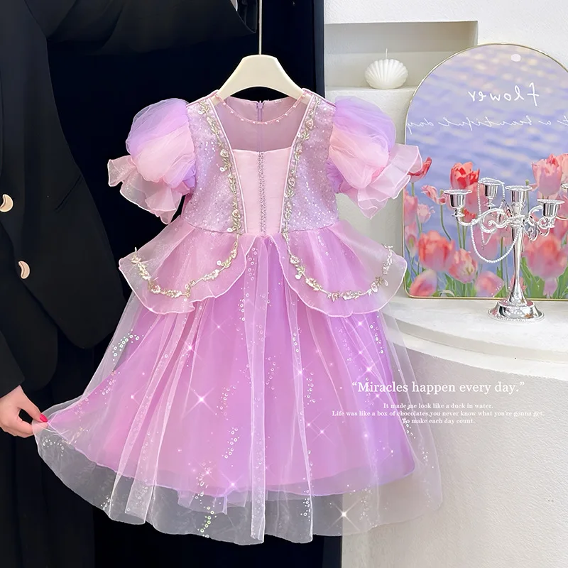 

Girls Rapunzel Pink Princess Dress Children Birthday Carnival Halloween Party Floral Print Disguise Gown Kids Cosplay Costume