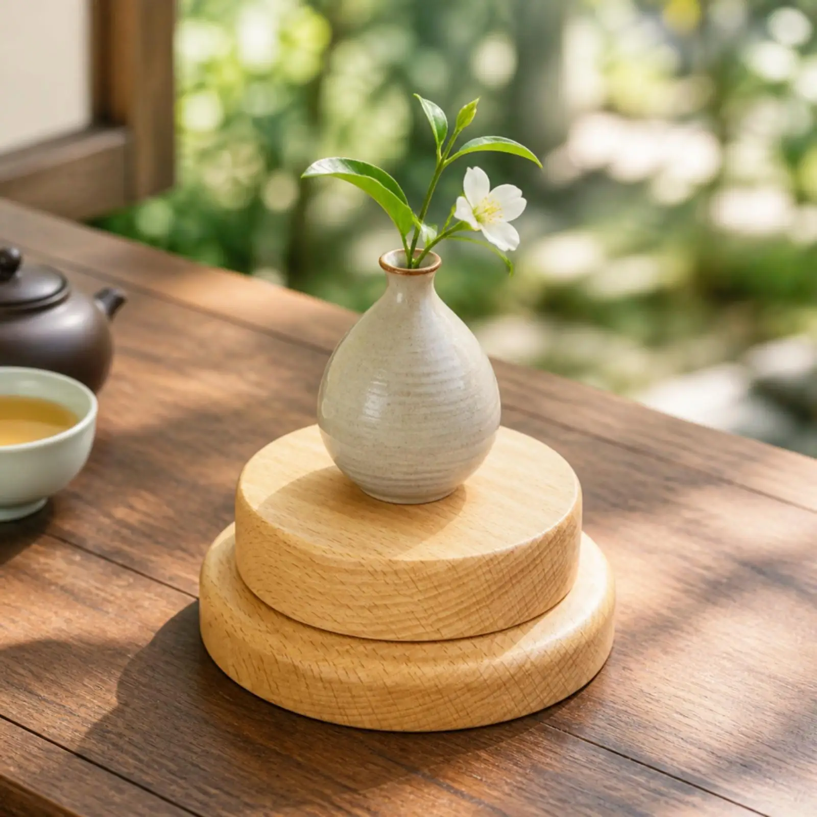 Two-Level Circular Display Riser Space-Saving Wooden Pedestal Stand Compact