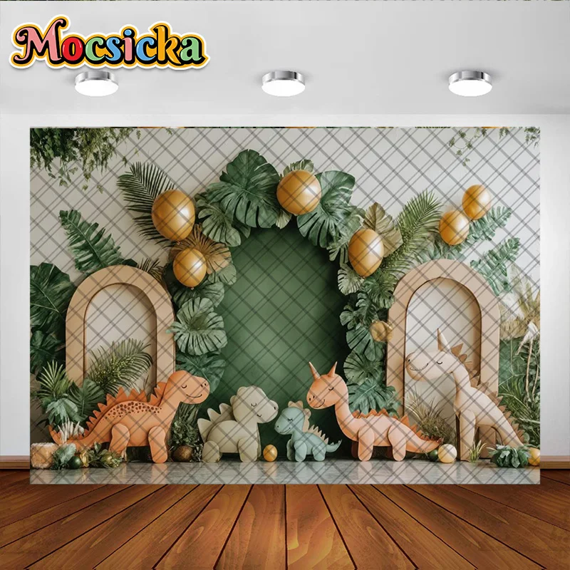 모시카 사진 배경 귀여운 공룡 야자수 잎 풍선 장식 배경, 베이비 샤워 케이크 스매쉬 스튜디오 소품 배너