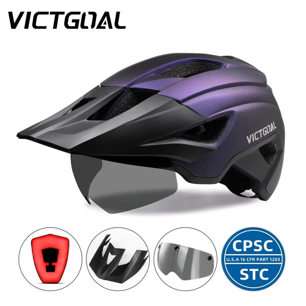 

VICTGOAL Adults MTB Bike Helmets with LED Backlight Magnetic Goggles Removable Visor Mountain Bike Helmets Cycling Headgear