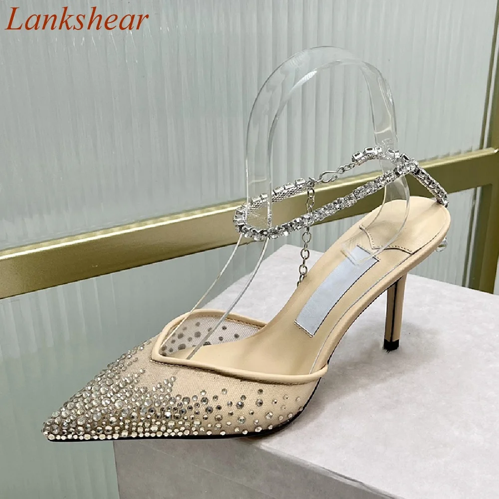 

Metal Chain Air Mesh Women Pumps Stiletto Heels Pointed Toe Summer Buckle Strap Ankle Strap Rhinestones Blingbling Women Shoes