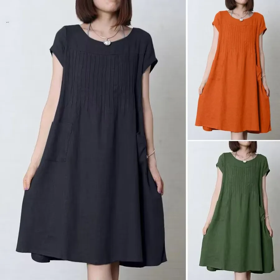 

【New style】 new cotton and linen casual temperament dress, artistic dress, large size, women's clothes, short-sleeved, round co
