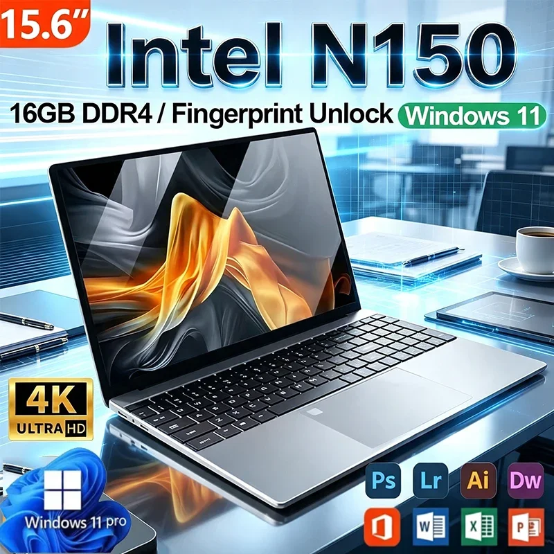 15.6 Windows 11 Laptops Intel Core N150 16GB RAM 1TB SSD Gaming Laptop Backlit Keyboard PC Fingerprint UnIock Computer