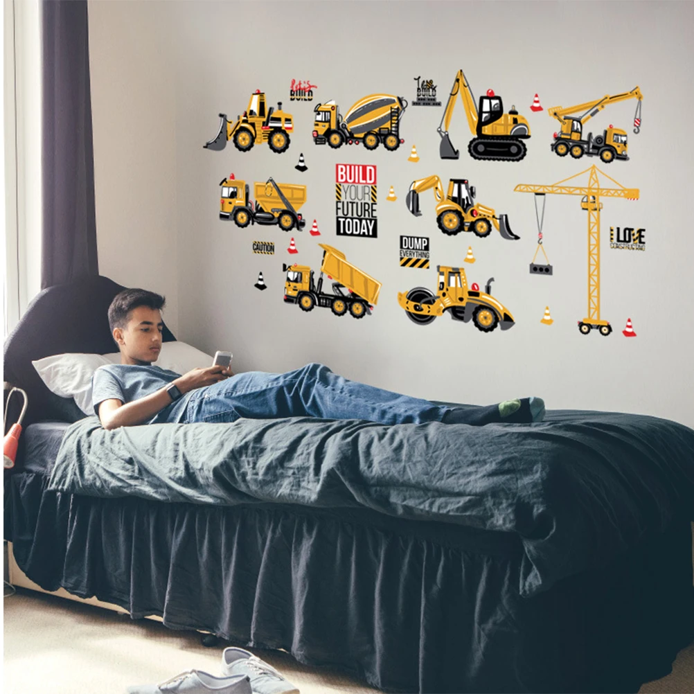 

5pcs Cartoon Engineering Truck Wall Stickers Kids Room Decor Peel Stick Decals Smooth Surface Playroom Kindergarten