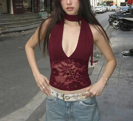 

Women's Vest Summer New European American Trend Y2K Sexy Spicy Girl Style Crochet Lace Splicing Perspective Hanging Neck Vest