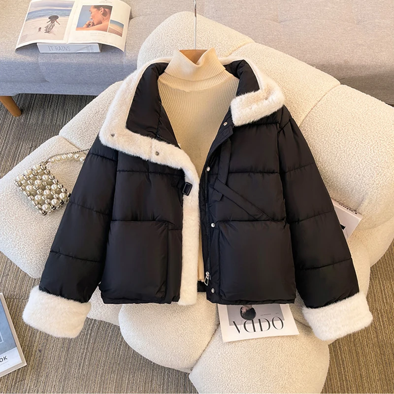 

2025 Winter New Cotton Jacket for Women Loose Fashion Splicing Thick Warm Short Coat Korean Style Versatile Female Outerwear
