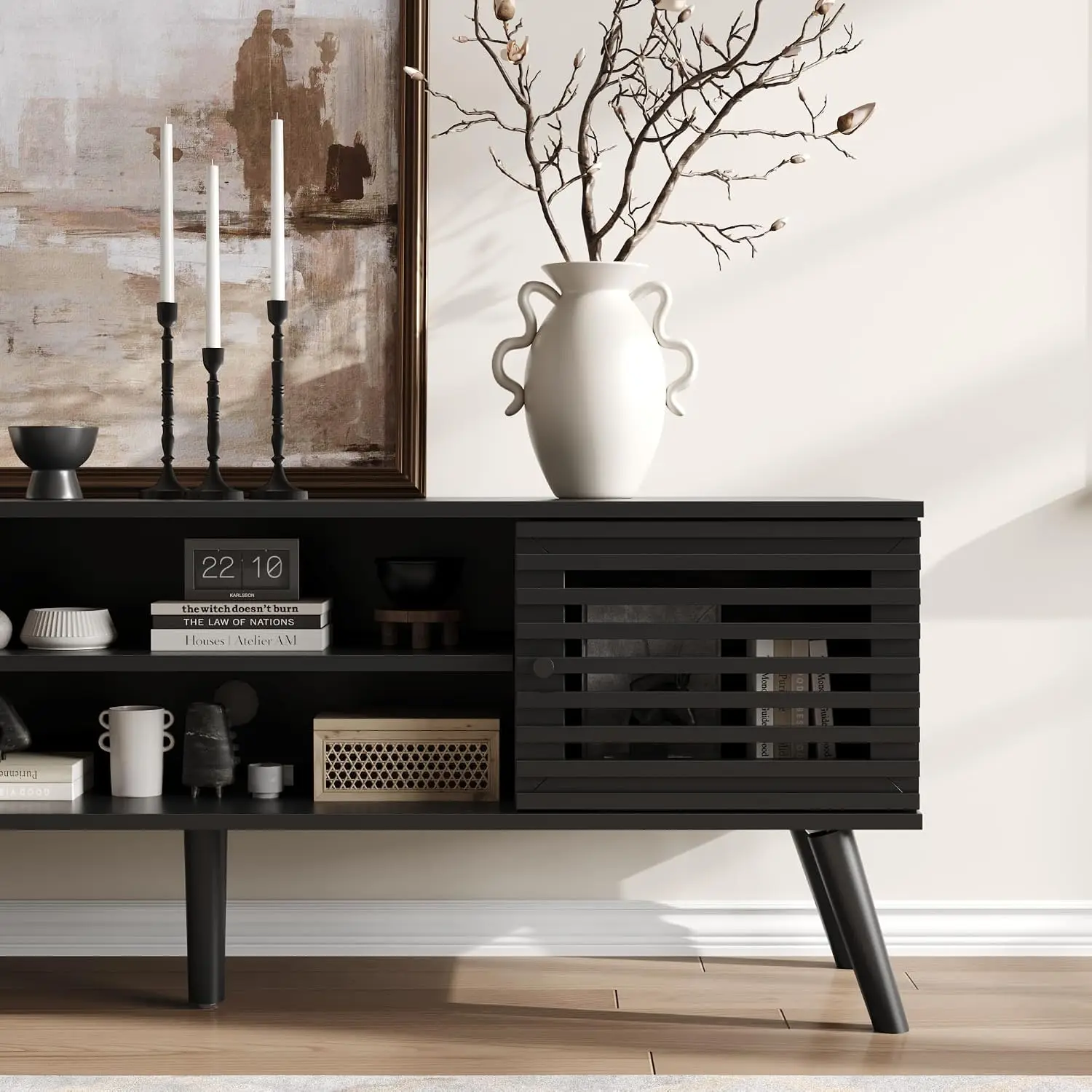 53" Mid Century Modern TV Stand for 50/55/60 inch TV, Black