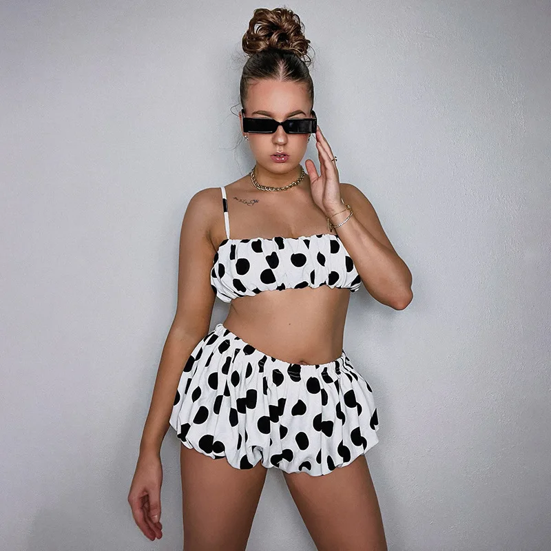 

STYLISH LADY Polka Dot 2 Piece Set Spaghetti Strap Crop Top and Bubble Shorts 2026 Summer Women Party Vacation Beachwear