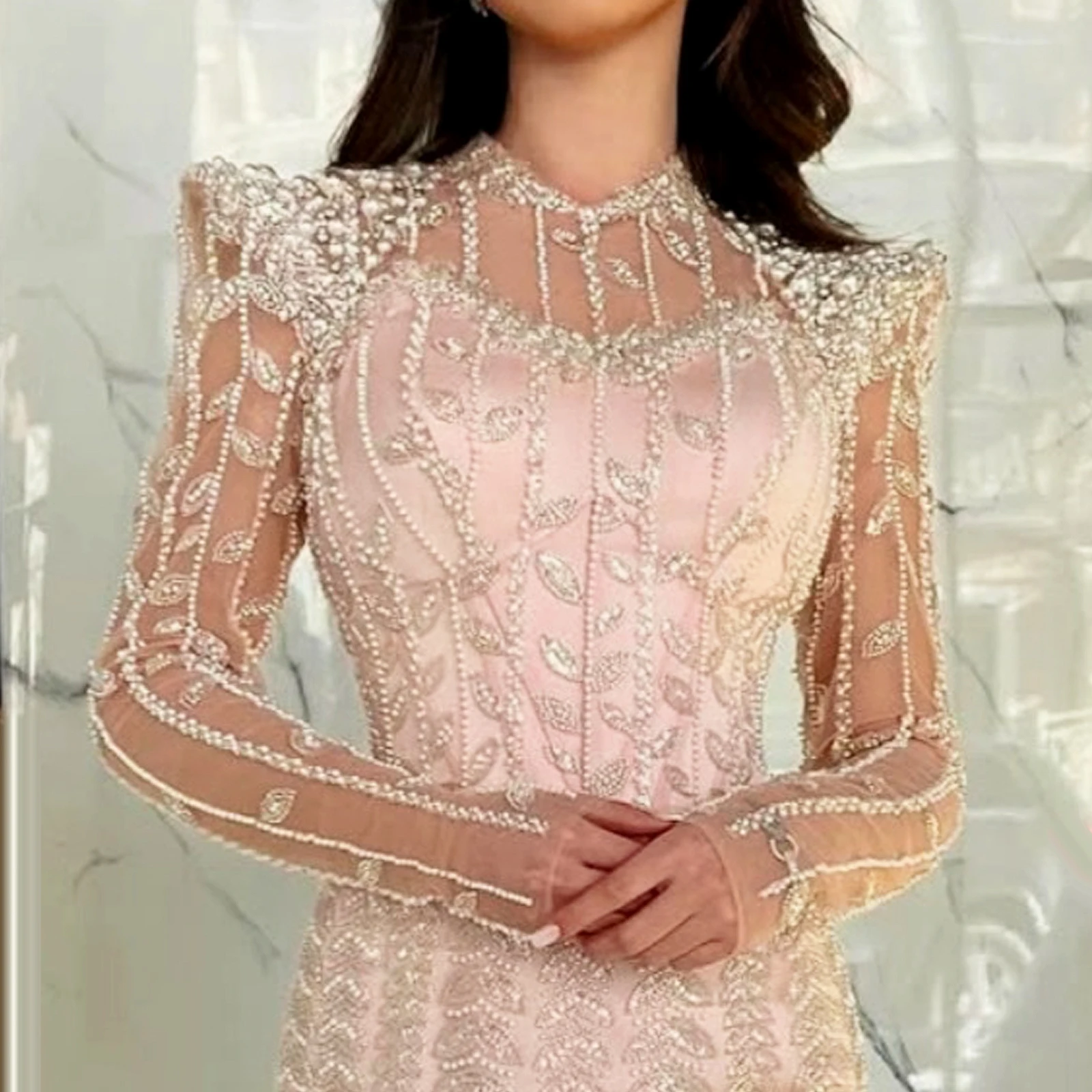 Zeemeermin avondjurk met parelkant lange mouwen lange baljurk Chinese stijl elegante dames lange jurk