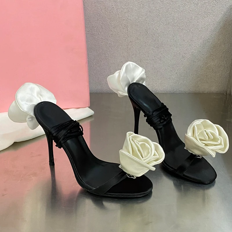 Fashion 3D Flower Decor Sexy High Heel Women Sandals Silk Satin Summer Shoes Crystal One Strap Open Toe Lady Party Wedding Shoes