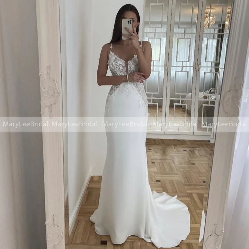 

Tasteful Plunging V-neckline Bridal Dress Beads Spaghetti Straps Appliques Sheer bodice Long Crepe Mermaid Beach Wedding Gowns