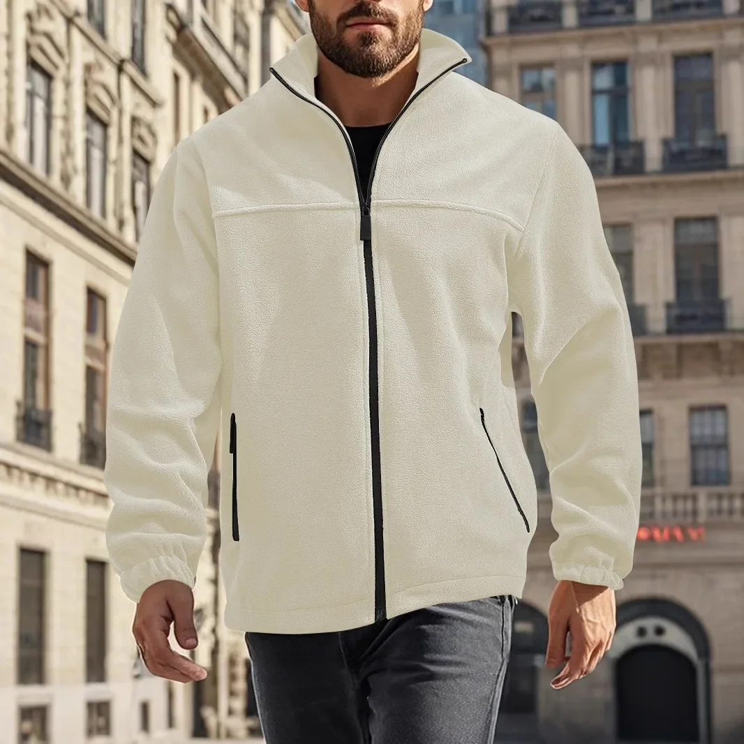 Luxury Mens Fleece Coats Fashion Solid Zip Up Stand Collar Jacket Men Leisure Long Sleeve Loose Outerwear Mens Jacket Black Grey