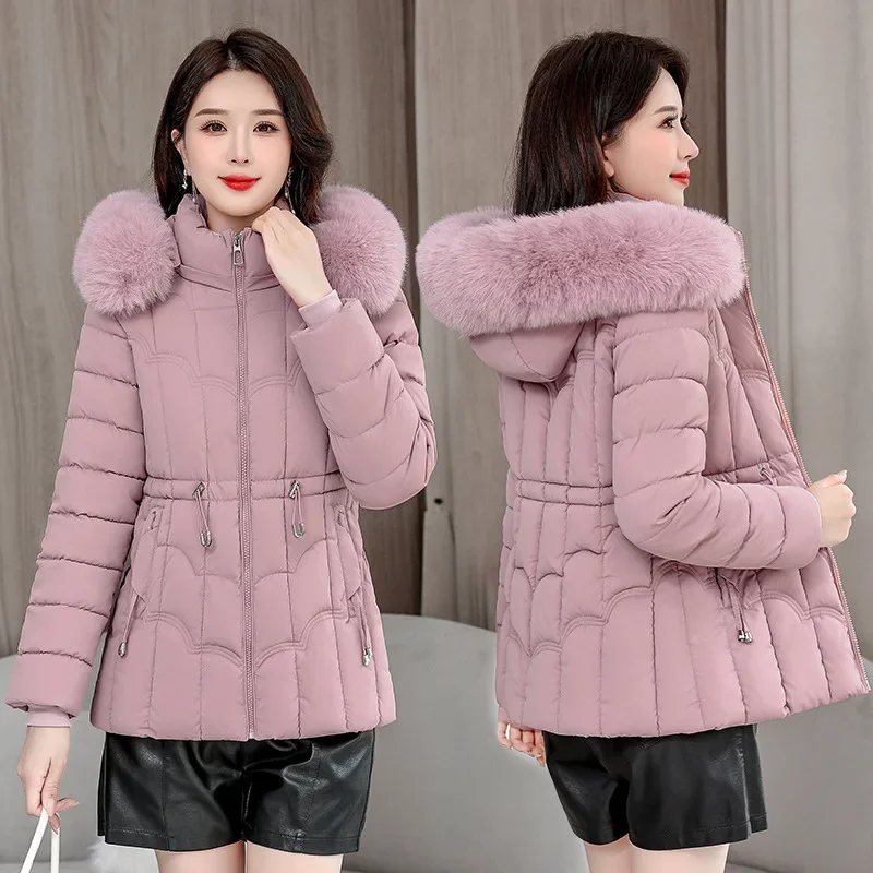 

Winter Women's Parkas Fashion Drawstring Slimming Designs Fleece Thickening Warm Coat Ladies Short Styles Detachable Hood Tops