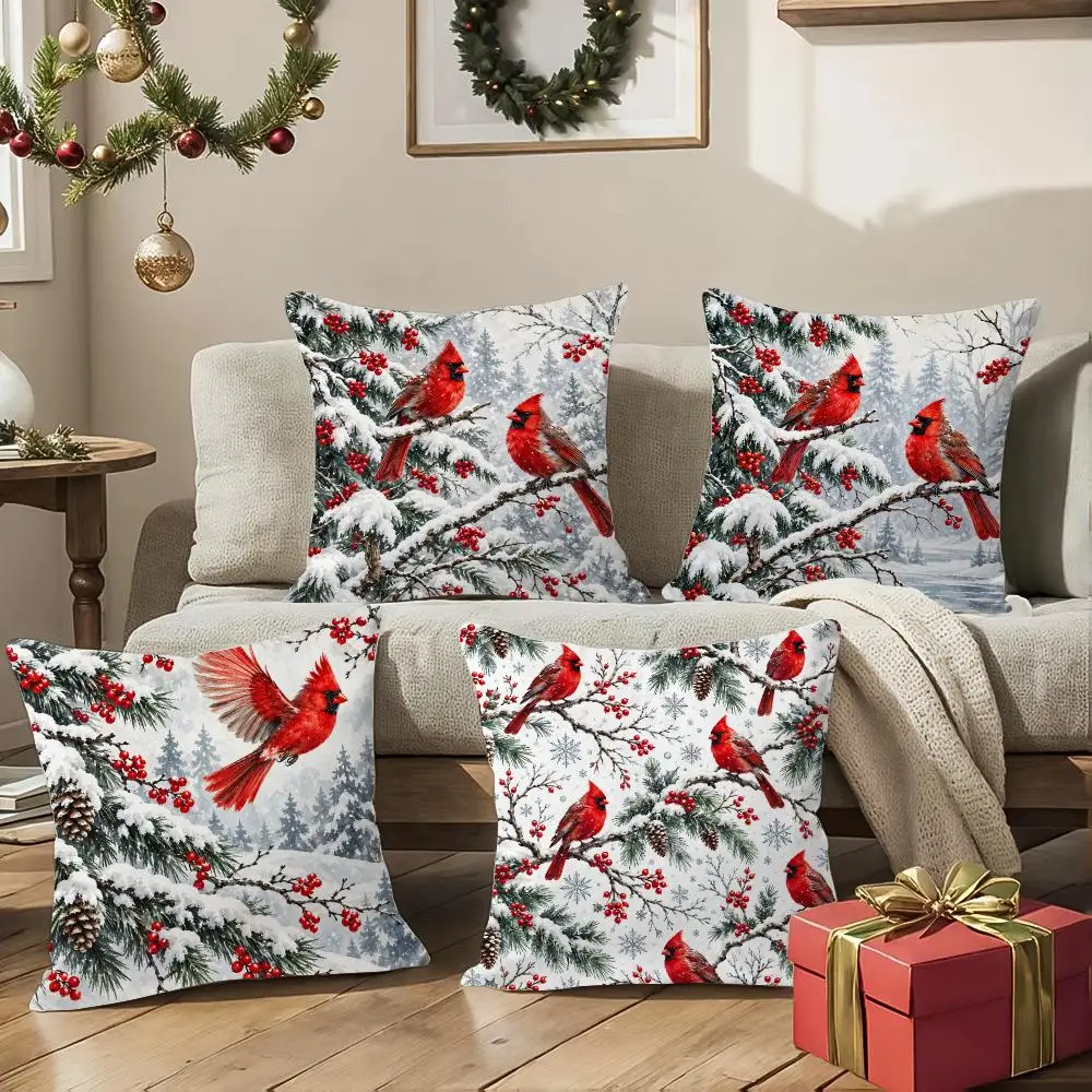 Winter Cardinals Cushion Cover 1/4Pcs Soft Plush Throw Pillow Cover Double-Sided Print Sofa Living Room Decor
