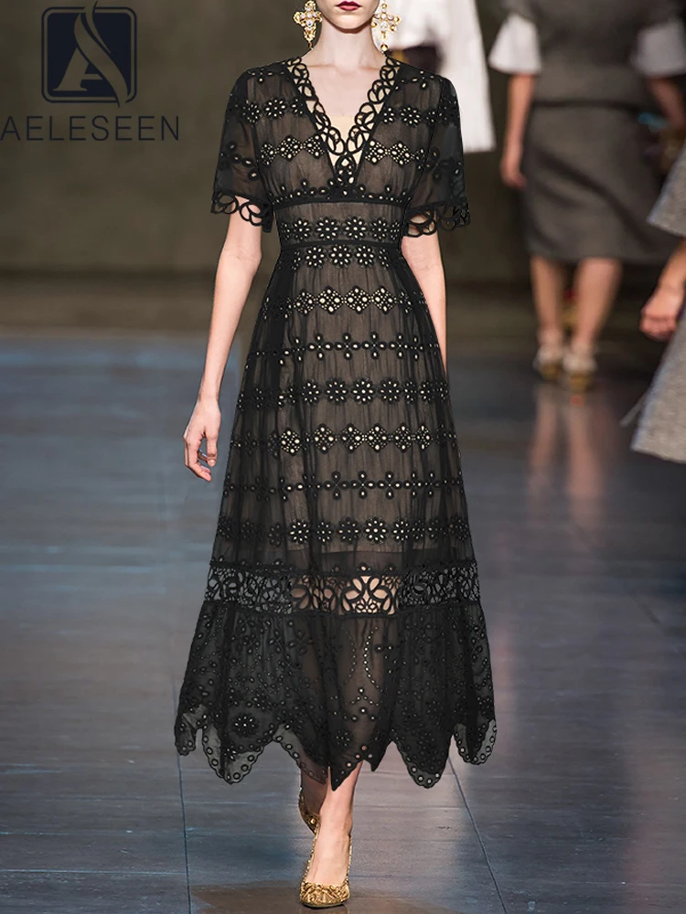 

AELESEEN Black Lace Dress Women Summer Short Sleeve Design Fashion V-Neck Hollow Out Flower Embroidery Long Temperament Party