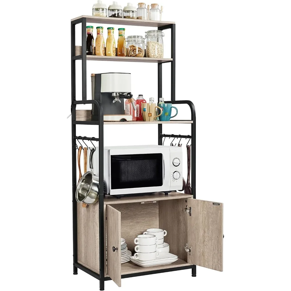 

4-Tier Kitchen Bakers Rack with Storage Cabinet and Hutch, Microwave Oven Stand Coffee Bar Pantry Cabinet with 8 S Hooks