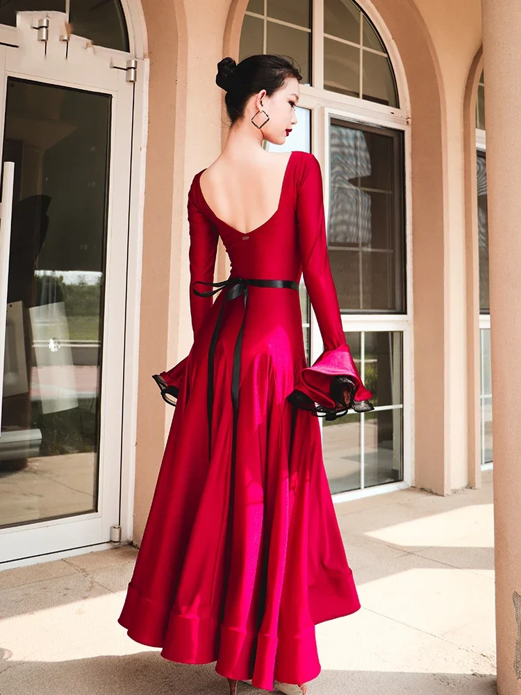 Trumpet Sleeved Big Swing Fishbone Skirt Ballroom Dance Competition Dress For Women Adult Waltz Modern Dance Dress