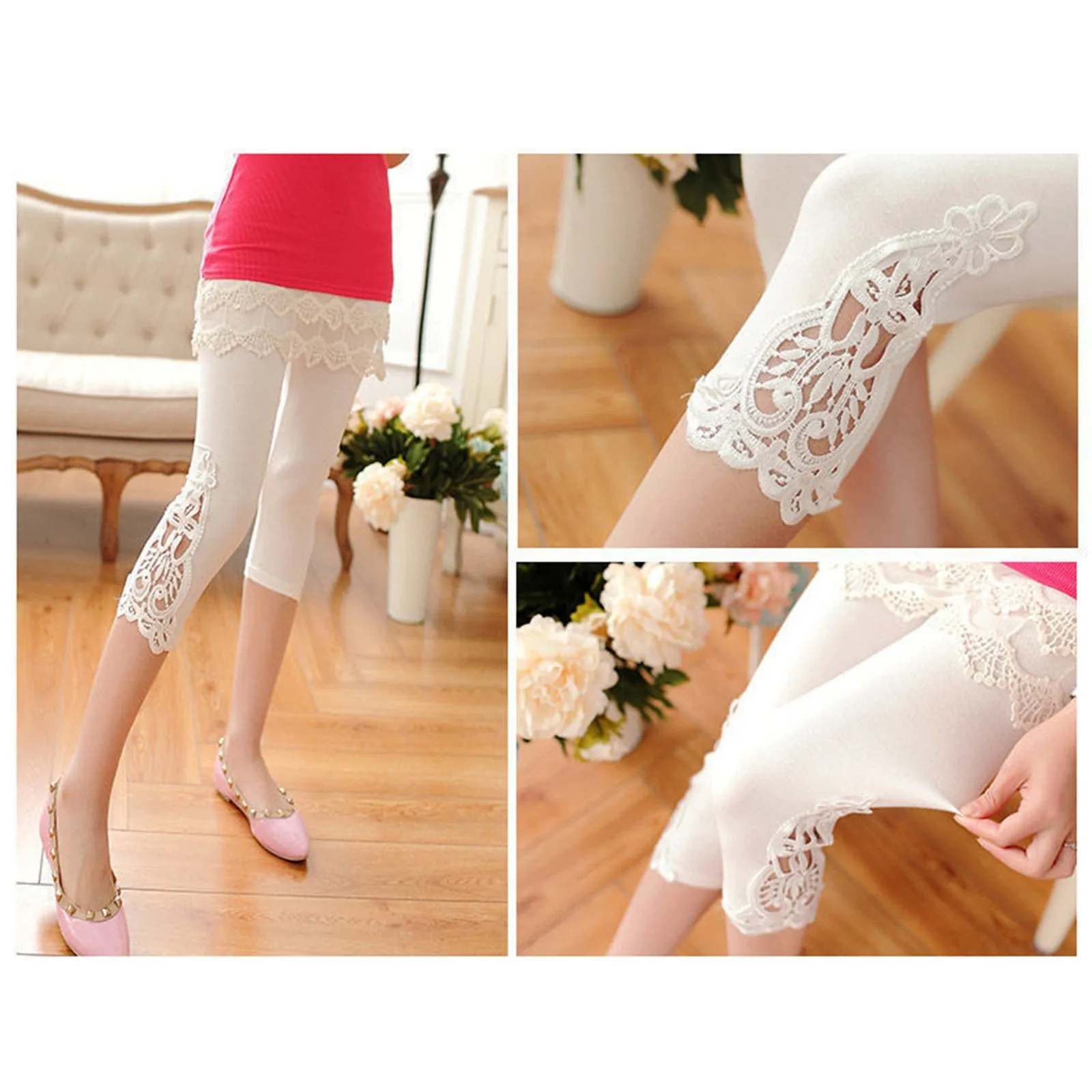 Female Slim Fitting Lace Outer Bottoming Seventh Trousers Casual Comfortable Breathable Black White Gray Summer Versatile Pants