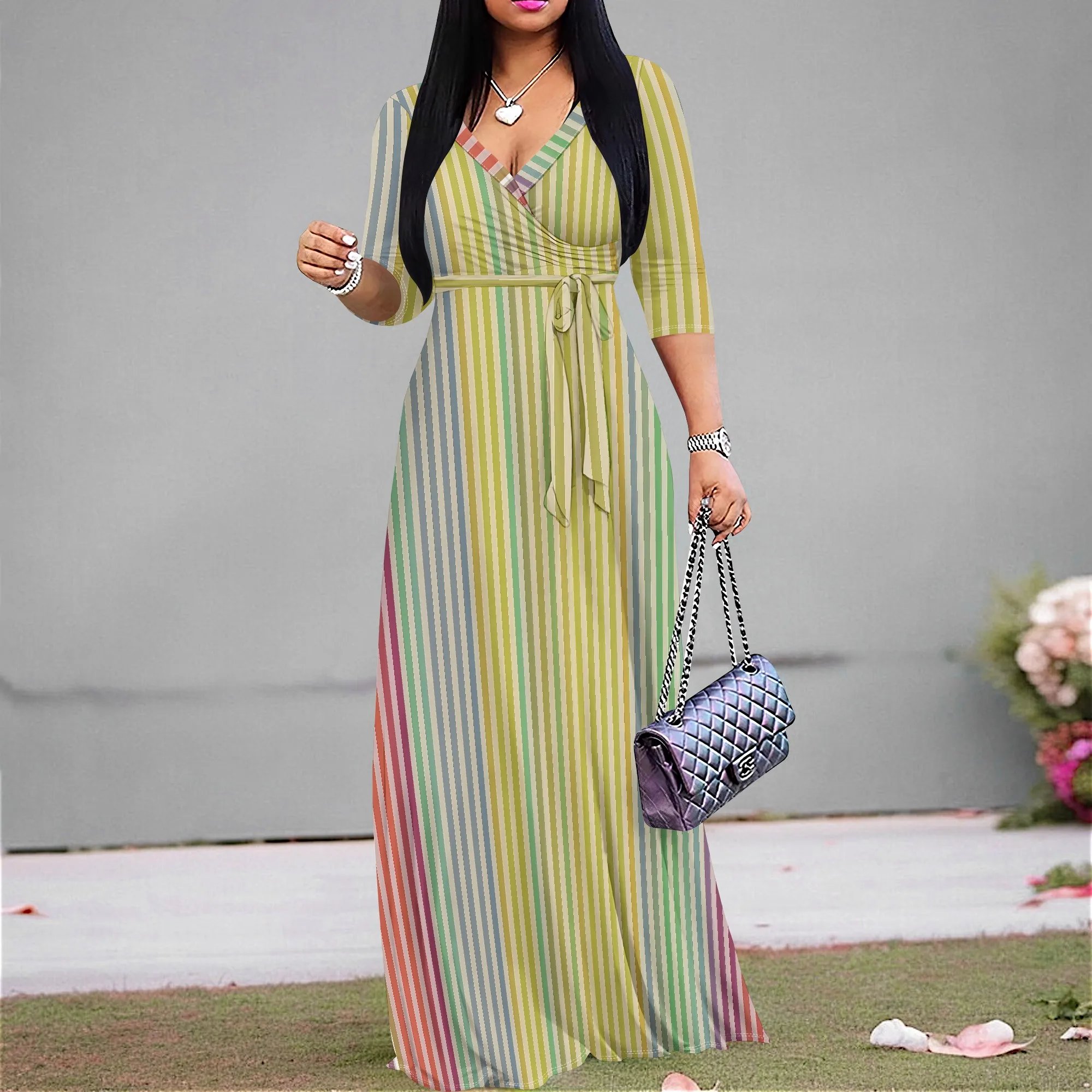 

Women's Multicolor Stripe Maxi Dress S-3XL Long Sleeve V-Neck Wrap Dress with Tie Waist for Spring & Daily Look