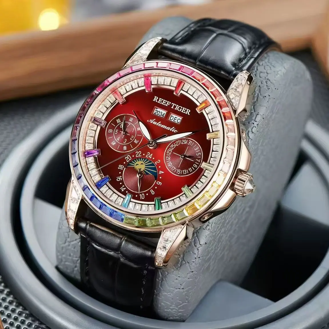 Reef Tiger Men Automatic Watch 42.7mm Mechanical Wristwatch Waterproof Luminous Sapphire Mirror Multi-Dial Year Month Week Date