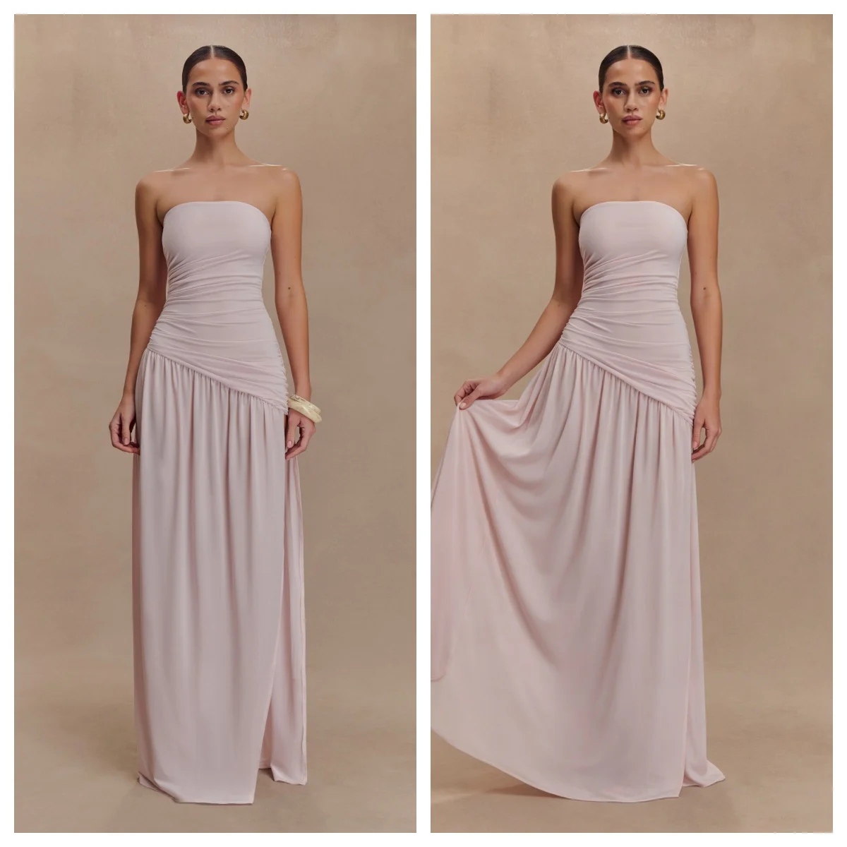Schulterfreies, trägerloses, sexy Maxikleid für Damen – gerafftes, langes Abendkleid mit Schlitz, ärmellos, fließend, für Abschlussball und Party 2026