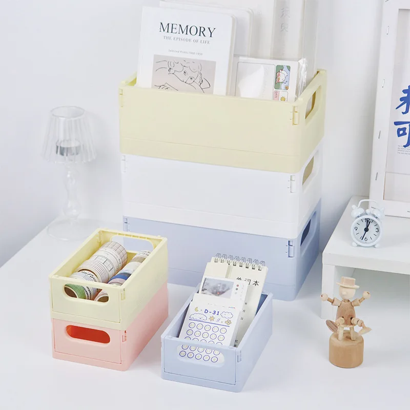 Creative Foldable Storage Boxes Student Desktop Collapsible Crate Organizer Tape Stationery Cosmetic Rack Folding Storage Basket