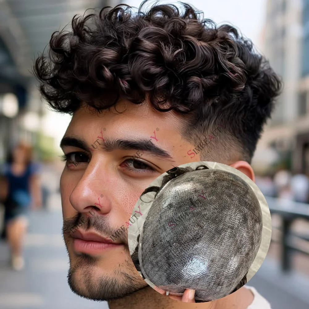 Undetectable Men's 28mm Natural Curly 1b50 1b80 Grey Old Man Capillar Prosthesis Human Hair Toupee Durable Skin Natural Hairline