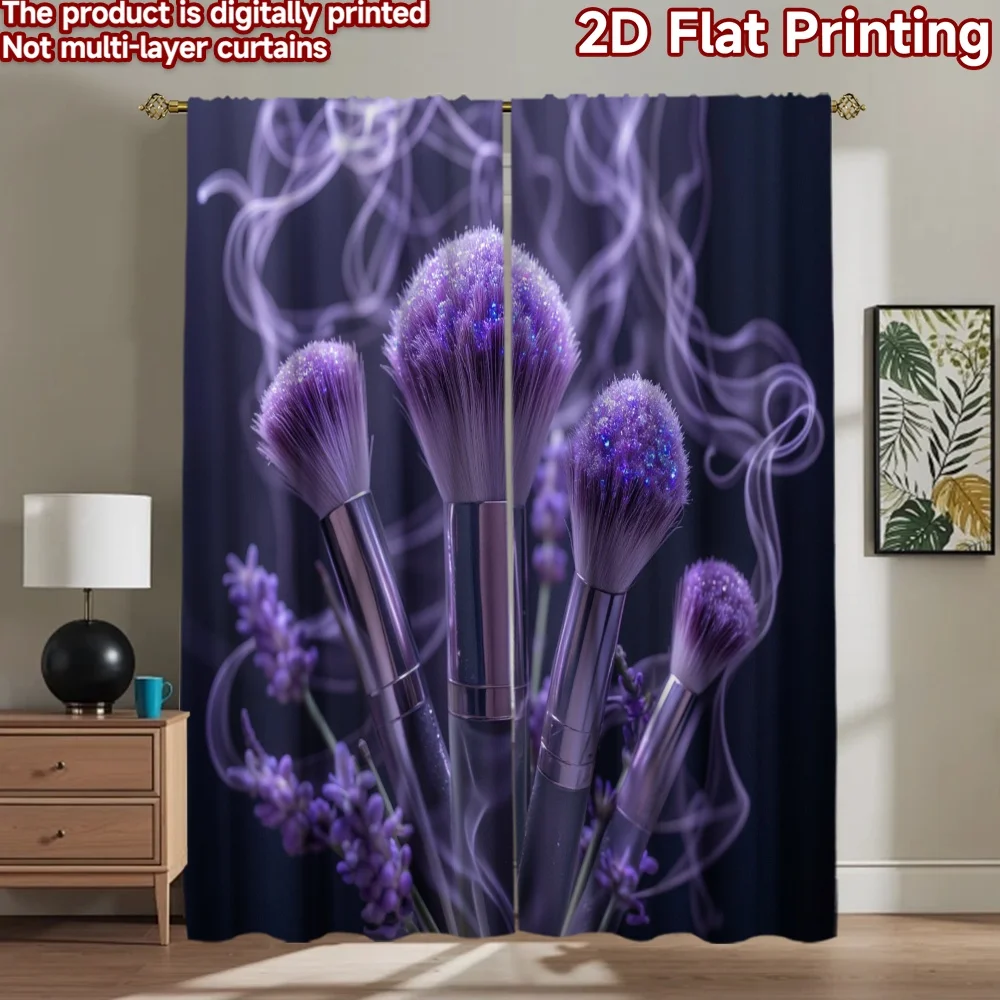 2D flat 2pcs Curtain Vintage drapes and curtains Purple Glitter Makeup Brushes Digitally printed polyester, colorfast Party