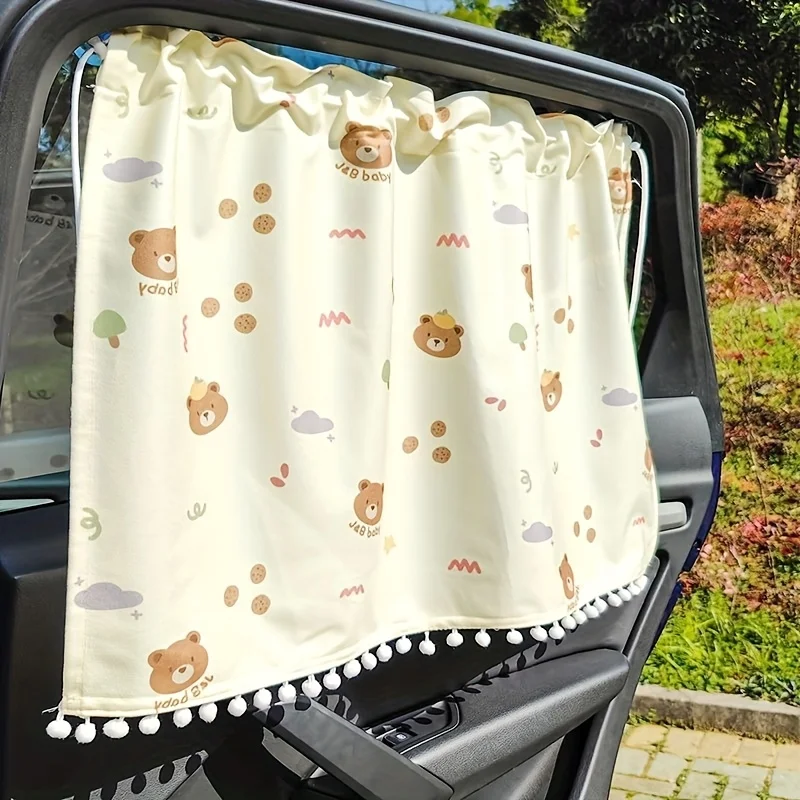 Cute Bear Car Window Sun Shade With Suction Cups UV Protection Heat Insulation Polyester Vehicle Curtain Women Car Decor Pet Fri