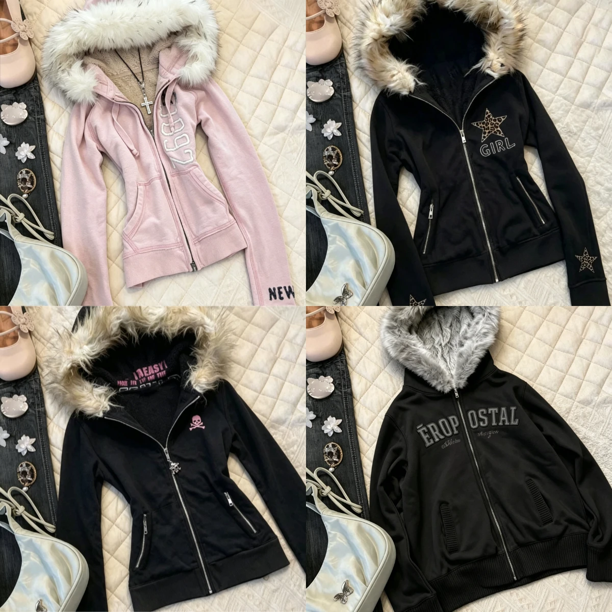 Vintage Amerikanischer Rosa Flauschiger Hoodie für Damen Y2K Harajuku Kunstfellkragen-Jacke Modischer Taillengürtel Hot Girl Sweatshirt Neu