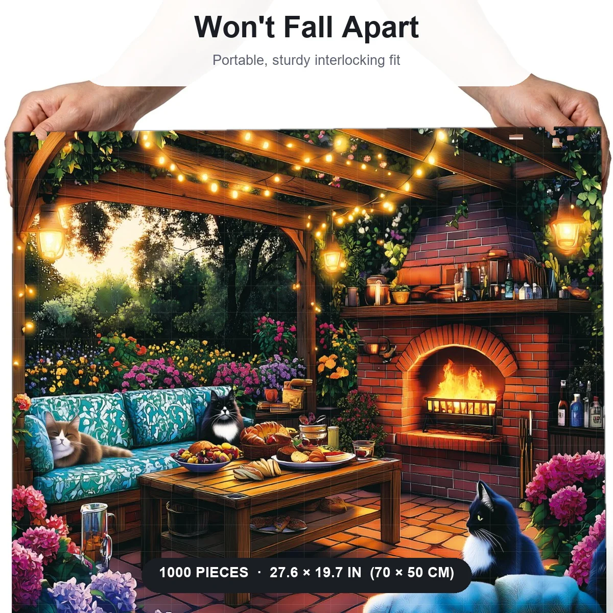 1 Box 1000 Piece Jigsaw Puzzle, Cozy Cats on the Patio at Night, Funny Animal Art Puzzle, Fun Family Puzzle Game