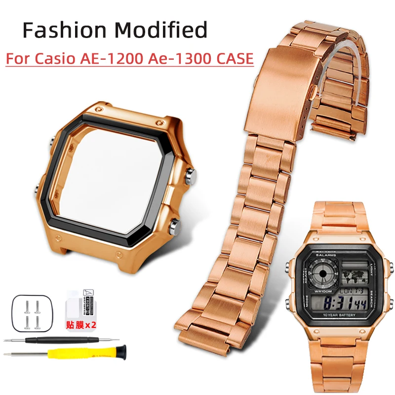 Ae1200 розовое золото для Casio, комплект модифицированного металла AE-1200 Ae-1300, безель, стеклянный ремешок, кольцо, ремешок для часов из нержавеющей стали, аксессуары
