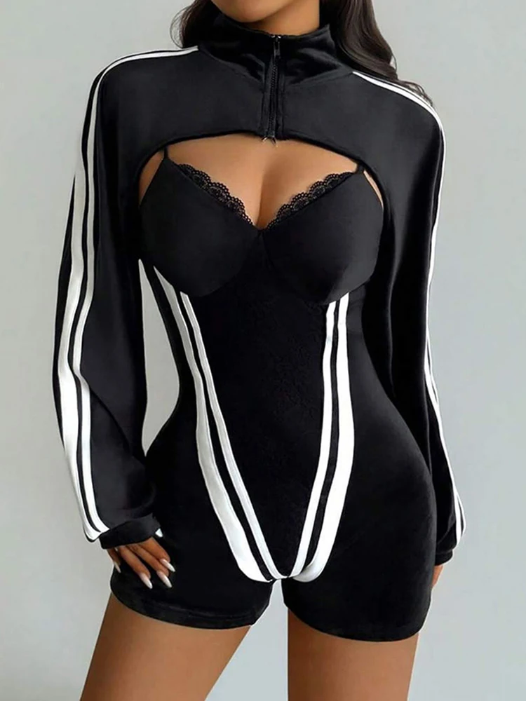 

Weird Puss Sporty Camis Playsuit+Shawl Woman Spring Trend Sleeveless Matching Street Sexy Skinny Stretch Patchwork Basic Rompers