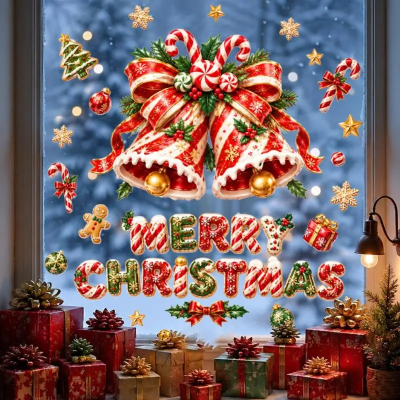 2027 New Year Christmas Static Cling Window Stickers Gingerbread Number Decals Bell Snowflake PVC Cling Glass Decoration