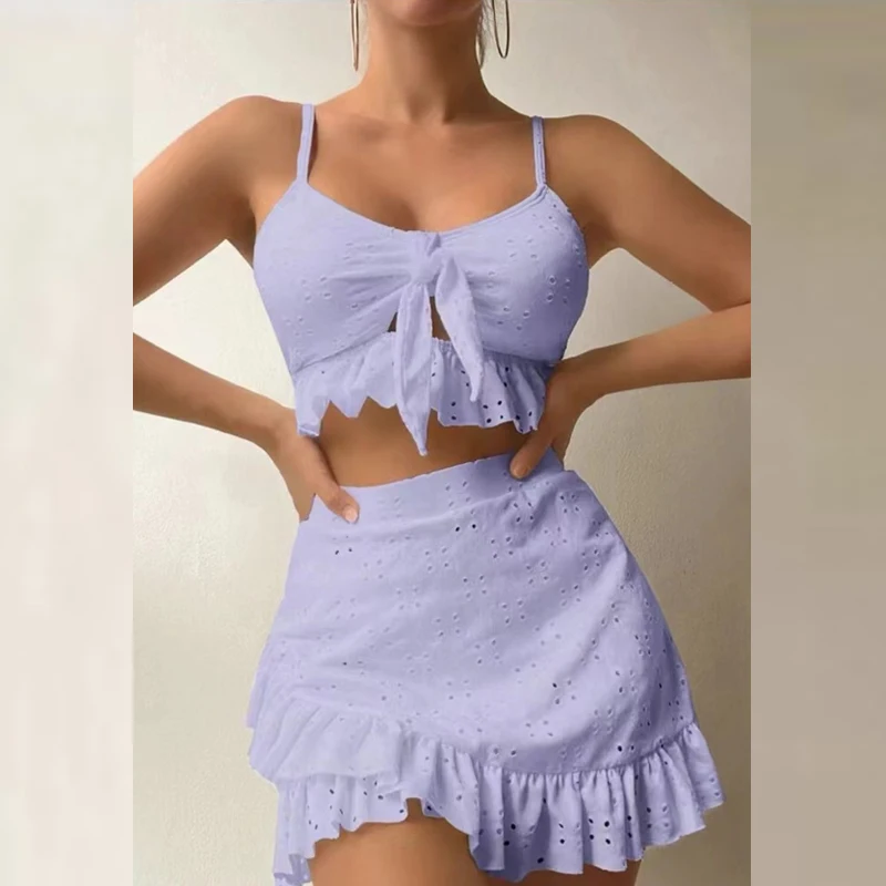 Dames été à lacets trois pièces maillot de bain Sexy couverture en dentelle string Micro avec volants jupes ensemble femmes 2025 couleur unie Bikini ensemble