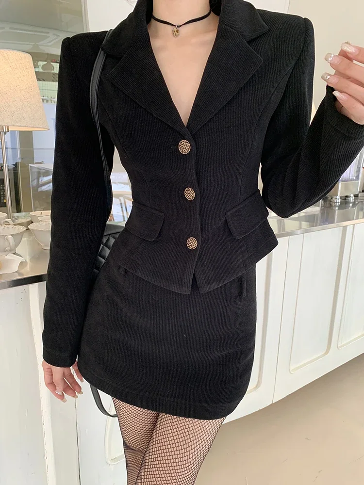 

Hepburn Style Black Velvet 2 Piece Suits Women Fall Winter Fashion V Neck Short Blazer Coat&Mini Pencil Skirt Celebrity 2pc Sets