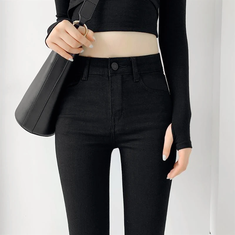 Invisible Crotch Pants Elastic Hip-Lifting Jeans Women's High Waist European and American Retro Nine-Point Full-Open, Convenient