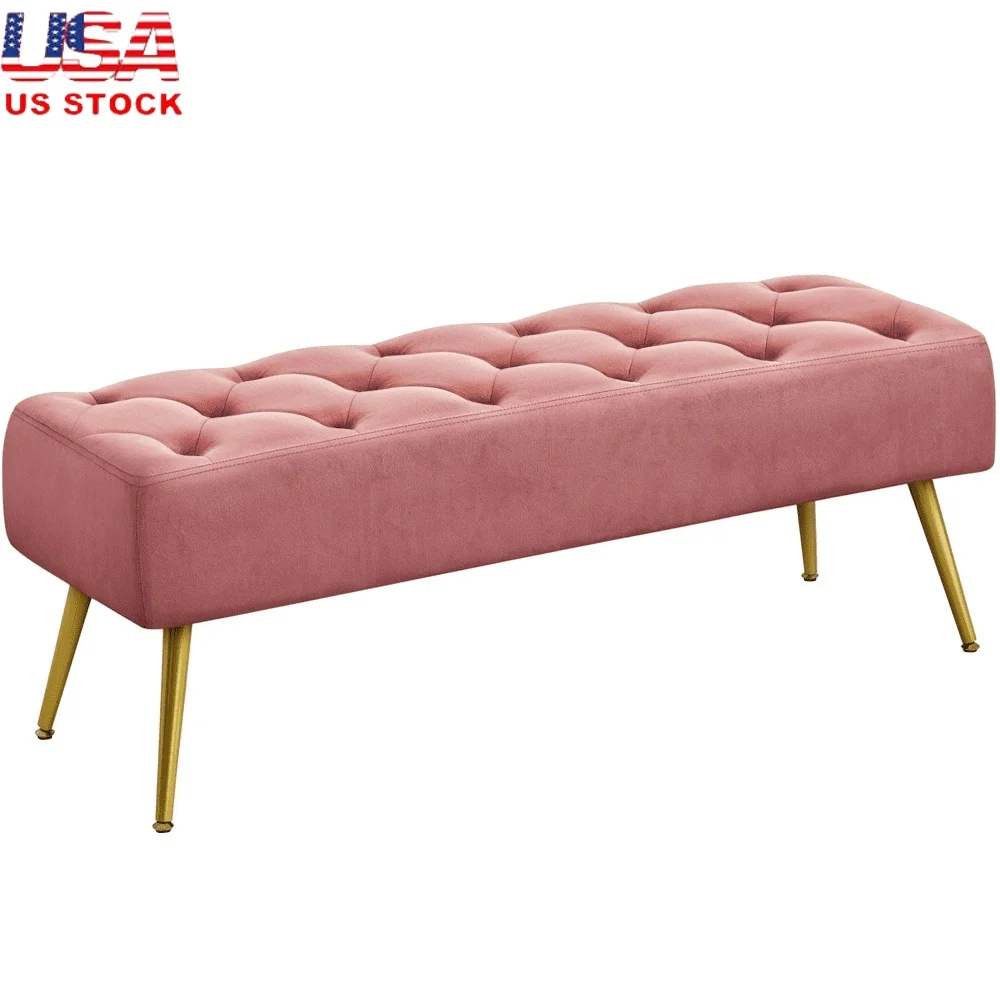 

Modern Velvet Ottoman Footstool Bench Bedroom Indoor Use Tufted Cushion Padded Seat Durable Metal Legs Adjustable Foot Pads