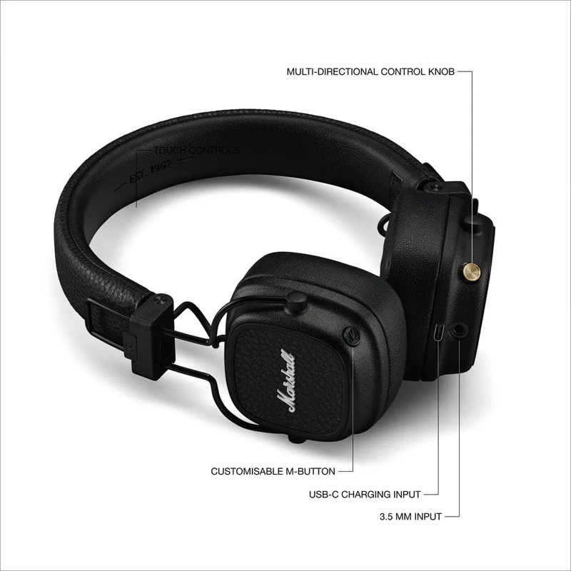 Marshall Major V 5 Wireless Bluetooth Headphone with Mic Foldable Pop Rock Retro Headset Support Marshall Bluetooth App